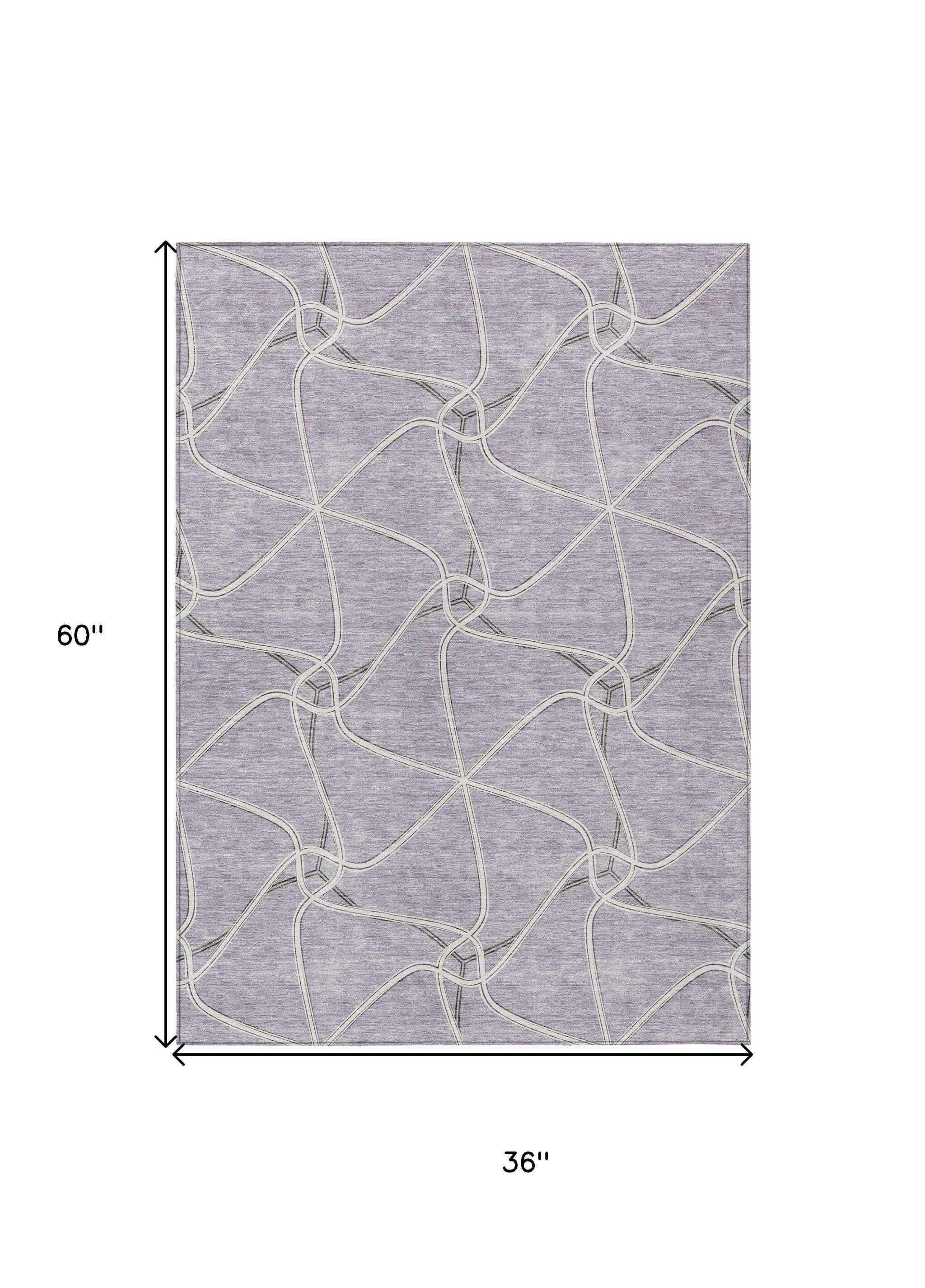3' X 5' Lavender And Ivory Geometric Washable Indoor Outdoor Area Rug