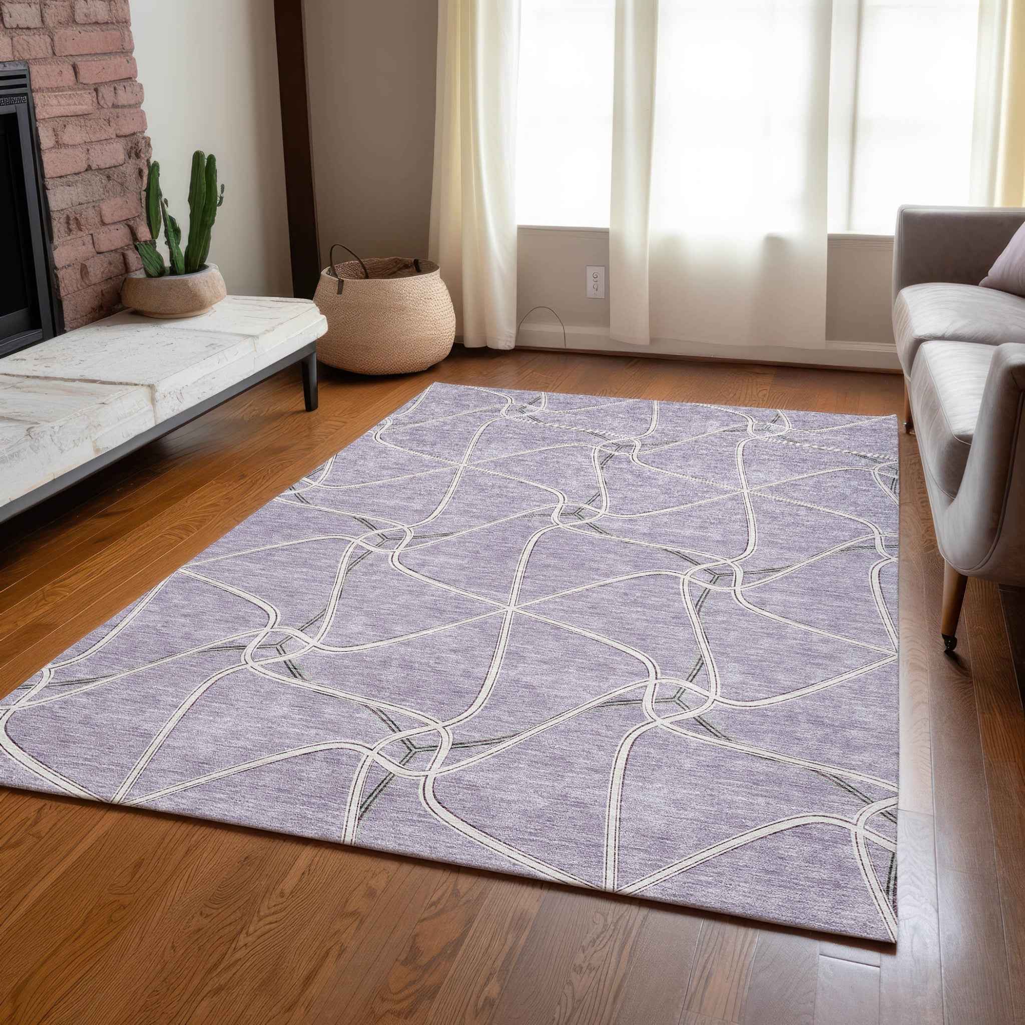 3' X 5' Lavender And Ivory Geometric Washable Indoor Outdoor Area Rug