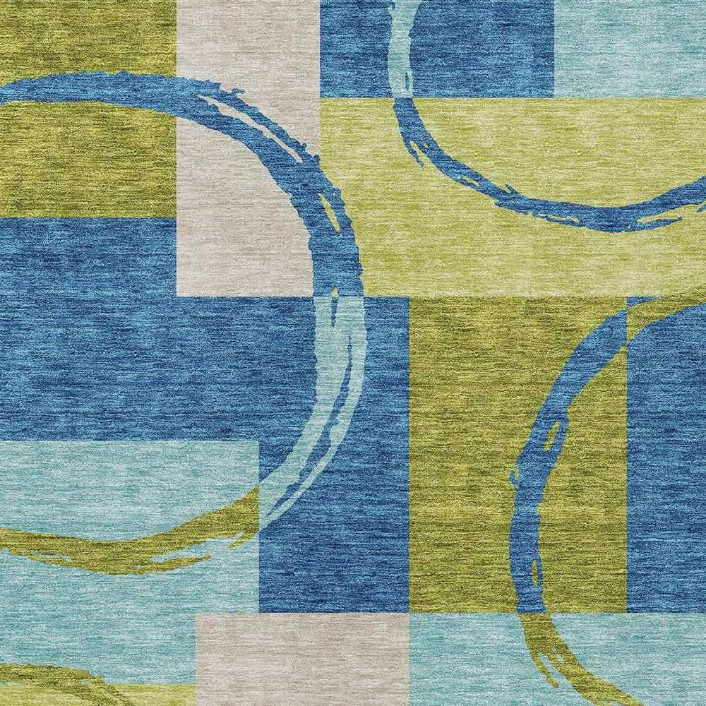 10' X 14' Denim Blue And Lime Green Geometric Washable Indoor Outdoor Area Rug