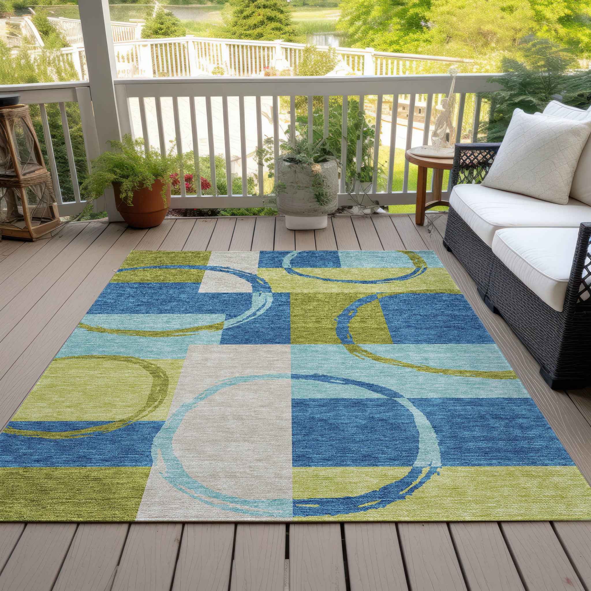 10' X 14' Denim Blue And Lime Green Geometric Washable Indoor Outdoor Area Rug