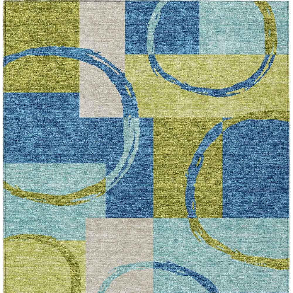 10' X 14' Denim Blue And Lime Green Geometric Washable Indoor Outdoor Area Rug