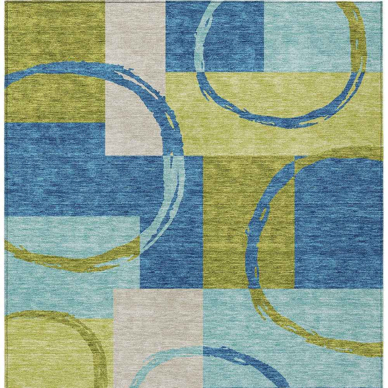 10' X 14' Denim Blue And Lime Green Geometric Washable Indoor Outdoor Area Rug