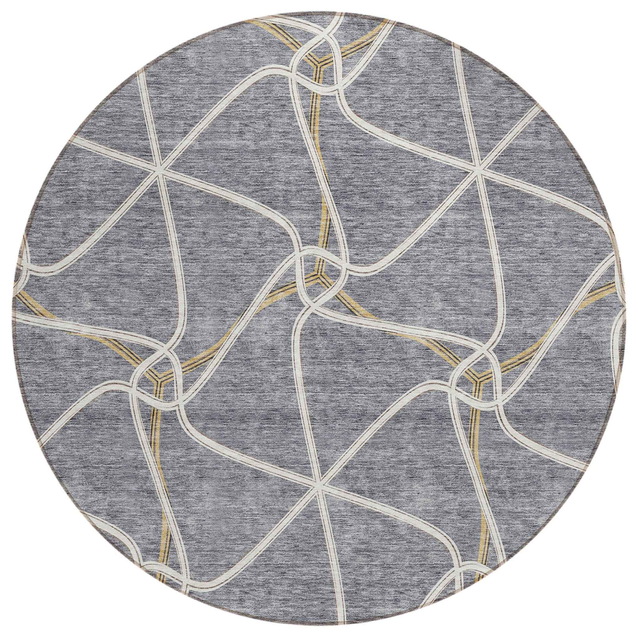 8' Gray And Ivory Round Geometric Washable Indoor Outdoor Area Rug
