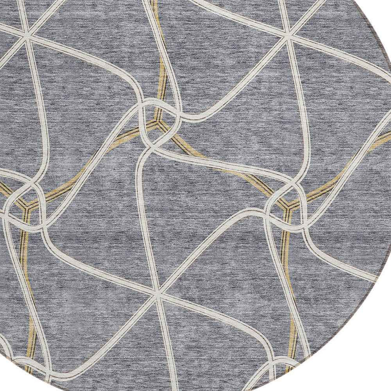 8' Gray And Ivory Round Geometric Washable Indoor Outdoor Area Rug