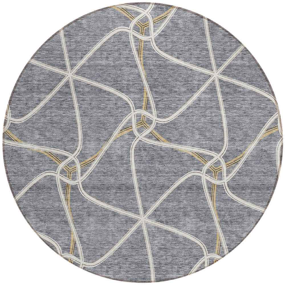 8' Gray And Ivory Round Geometric Washable Indoor Outdoor Area Rug