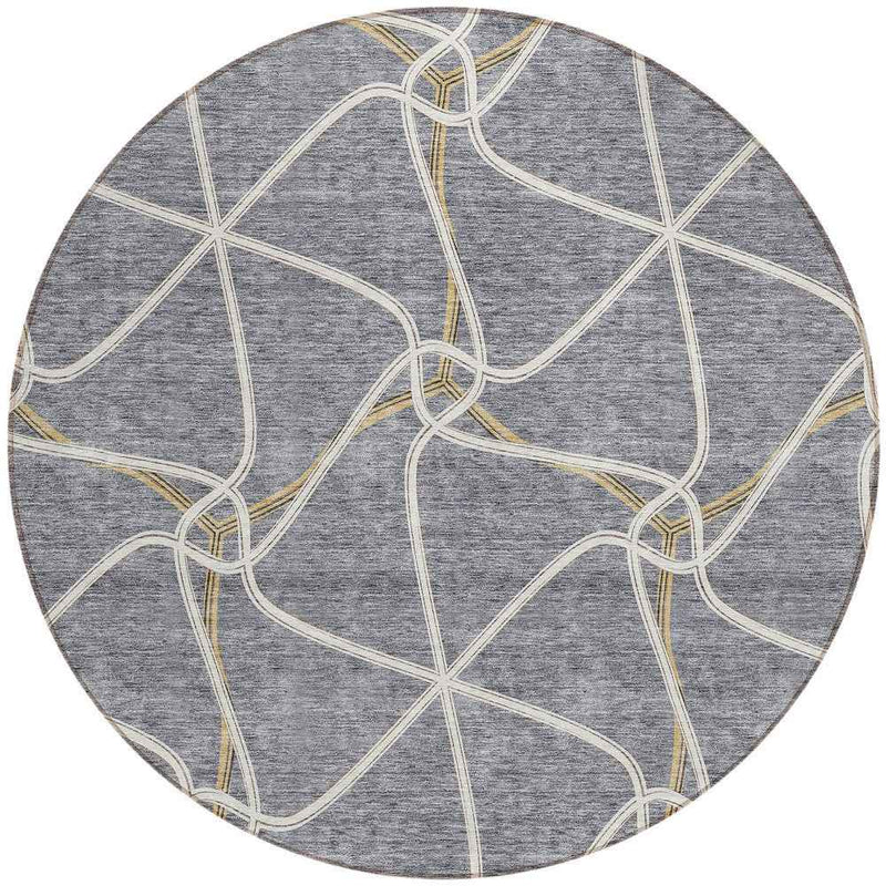 8' Gray And Ivory Round Geometric Washable Indoor Outdoor Area Rug