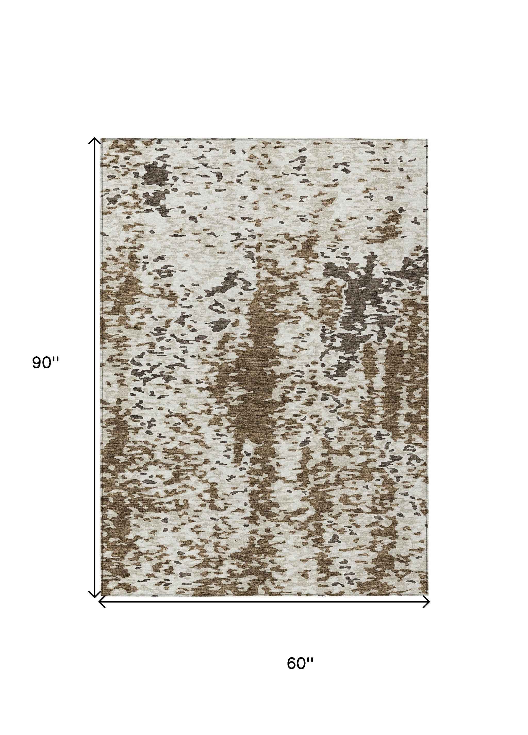 5' X 8' Brown And Ivory Abstract Washable Indoor Outdoor Area Rug