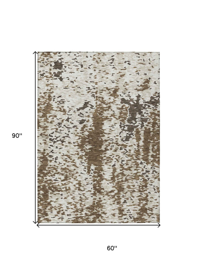 5' X 8' Brown And Ivory Abstract Washable Indoor Outdoor Area Rug