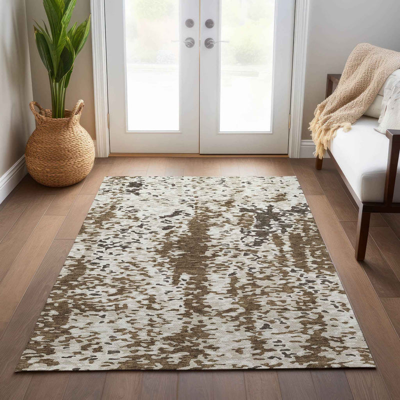 5' X 8' Brown And Ivory Abstract Washable Indoor Outdoor Area Rug