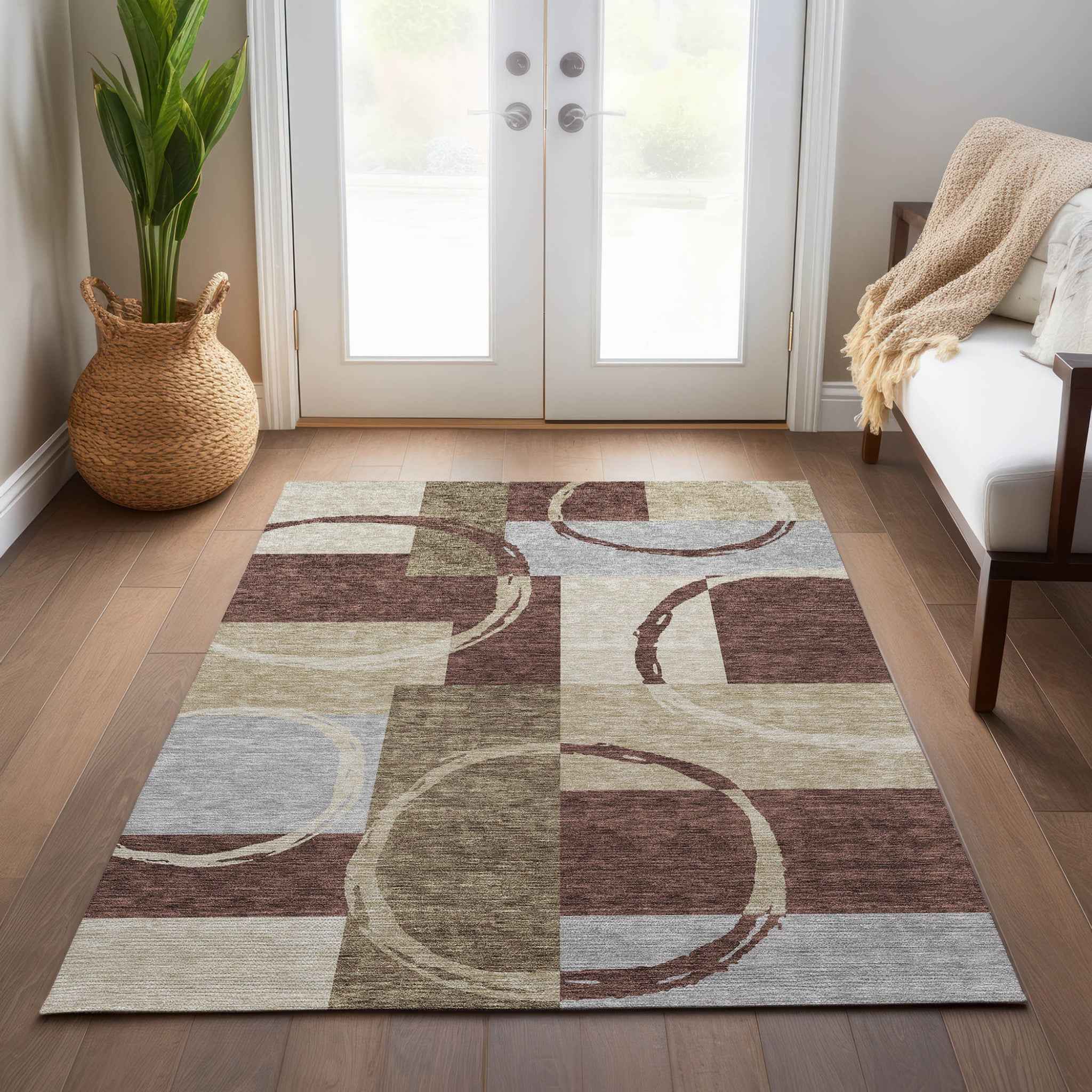 5' X 8' Brown And Ivory Geometric Washable Indoor Outdoor Area Rug