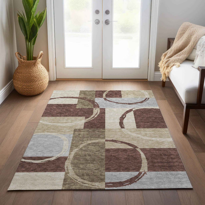 5' X 8' Brown And Ivory Geometric Washable Indoor Outdoor Area Rug