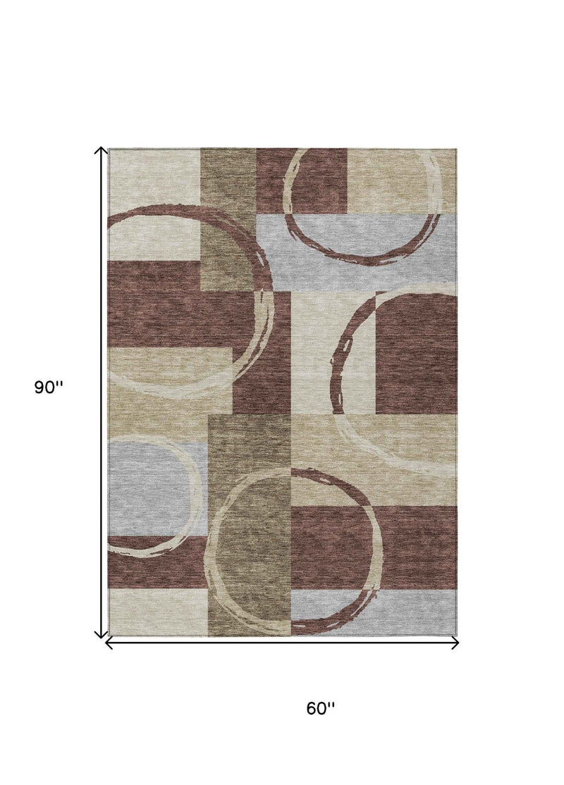 5' X 8' Brown And Ivory Geometric Washable Indoor Outdoor Area Rug