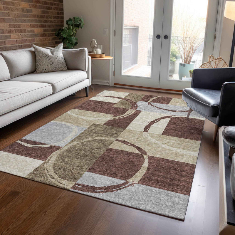 5' X 8' Brown And Ivory Geometric Washable Indoor Outdoor Area Rug