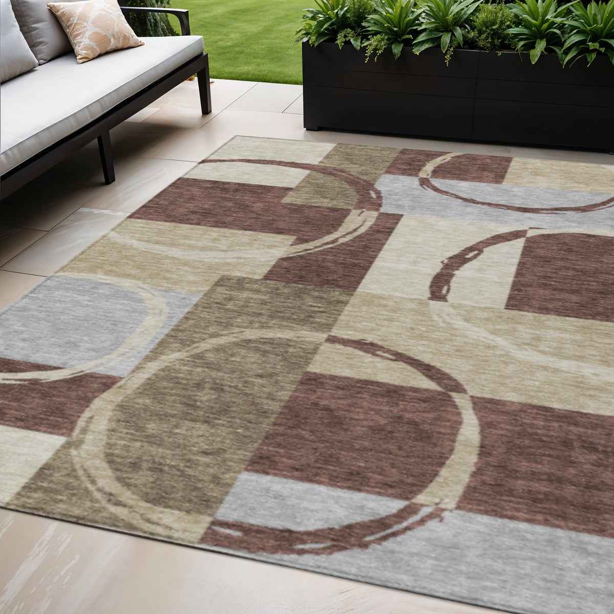 5' X 8' Brown And Ivory Geometric Washable Indoor Outdoor Area Rug