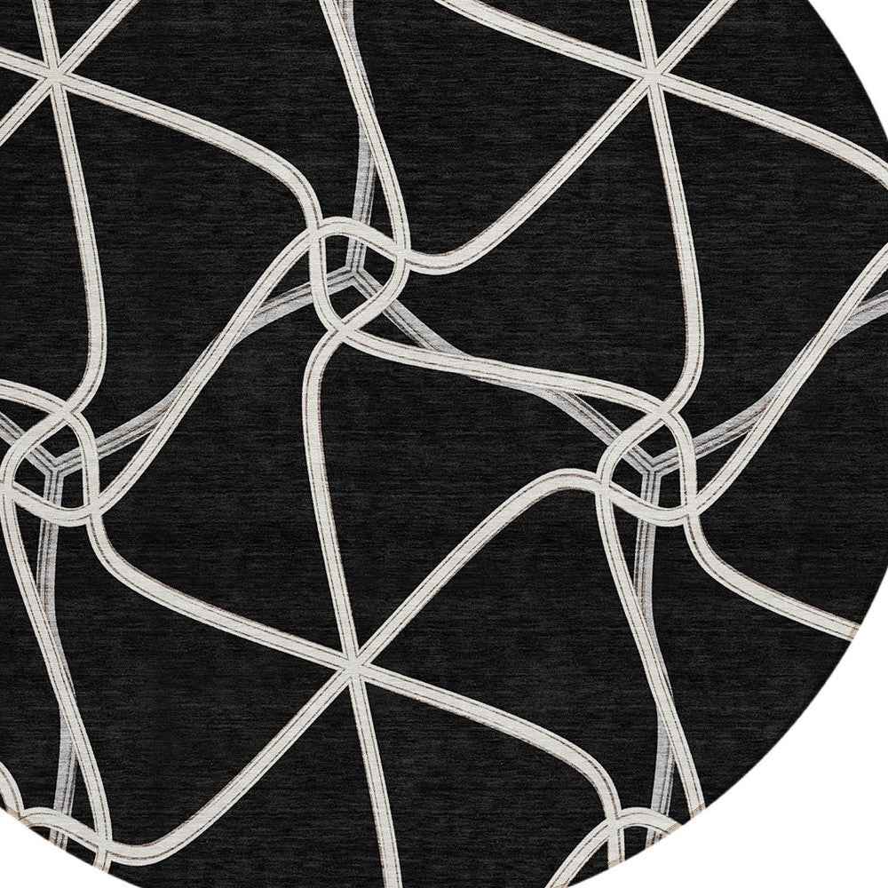 8' Black And Ivory Round Geometric Washable Indoor Outdoor Area Rug