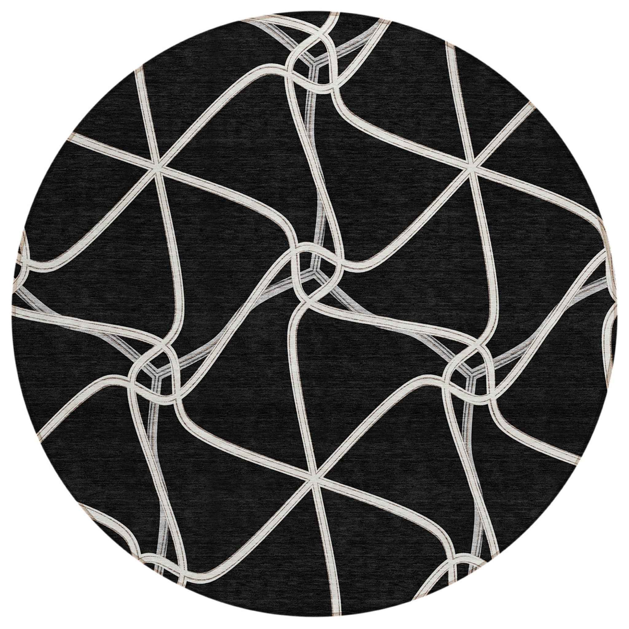 8' Black And Ivory Round Geometric Washable Indoor Outdoor Area Rug