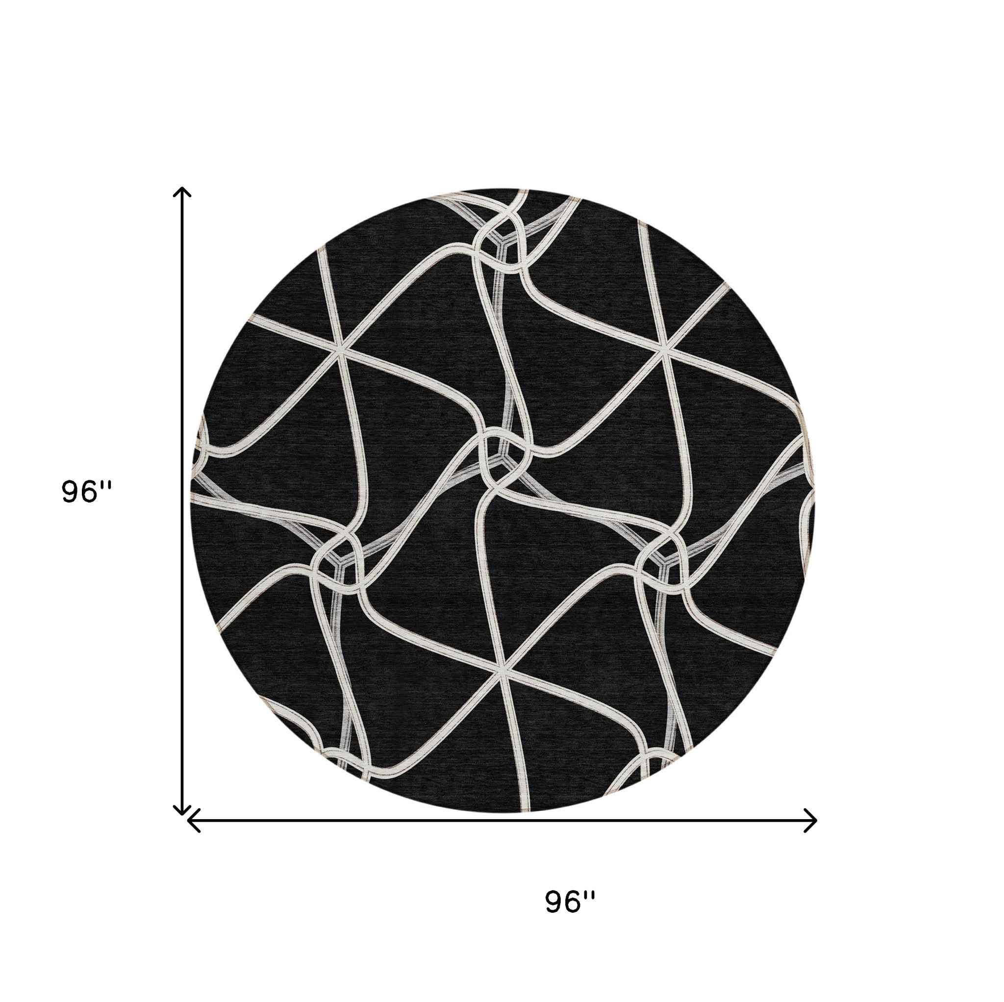 8' Black And Ivory Round Geometric Washable Indoor Outdoor Area Rug