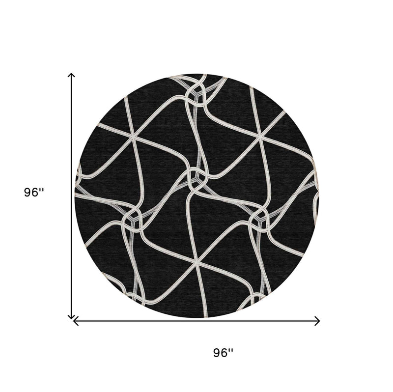 8' Black And Ivory Round Geometric Washable Indoor Outdoor Area Rug