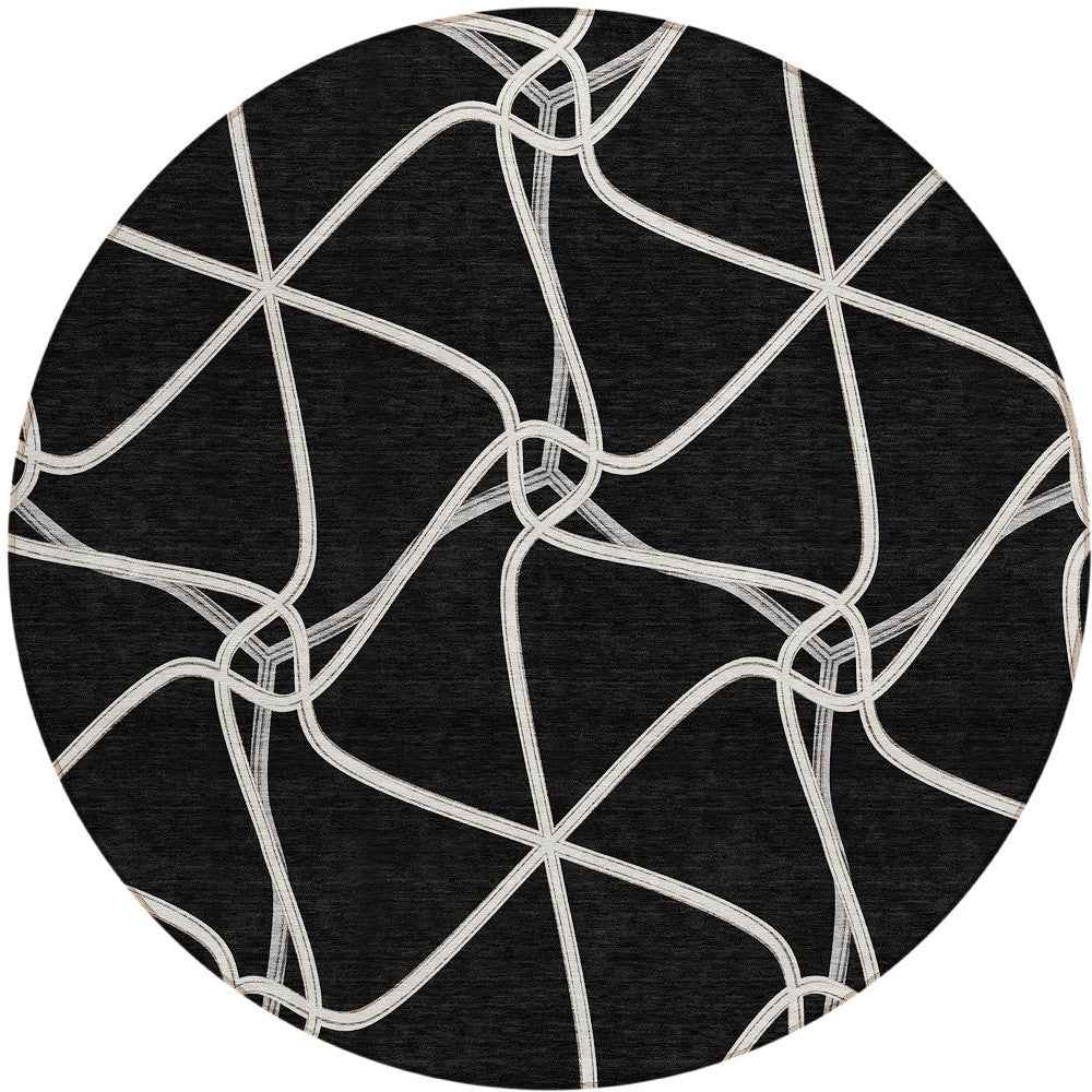 8' Black And Ivory Round Geometric Washable Indoor Outdoor Area Rug