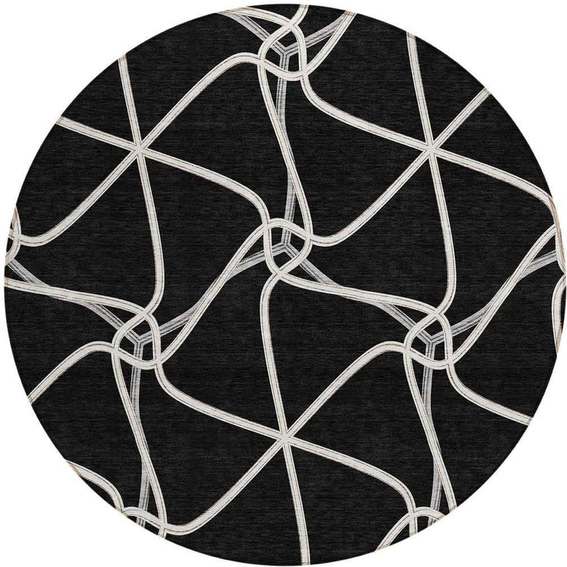 8' Black And Ivory Round Geometric Washable Indoor Outdoor Area Rug