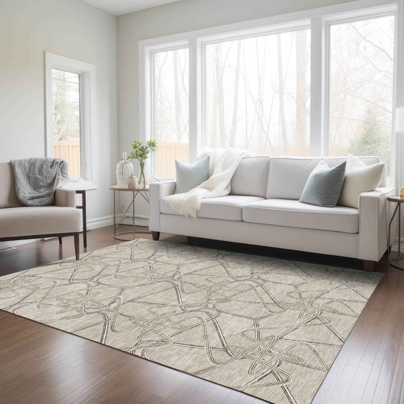 5' X 8' Beige Ivory And Gray Geometric Washable Indoor Outdoor Area Rug