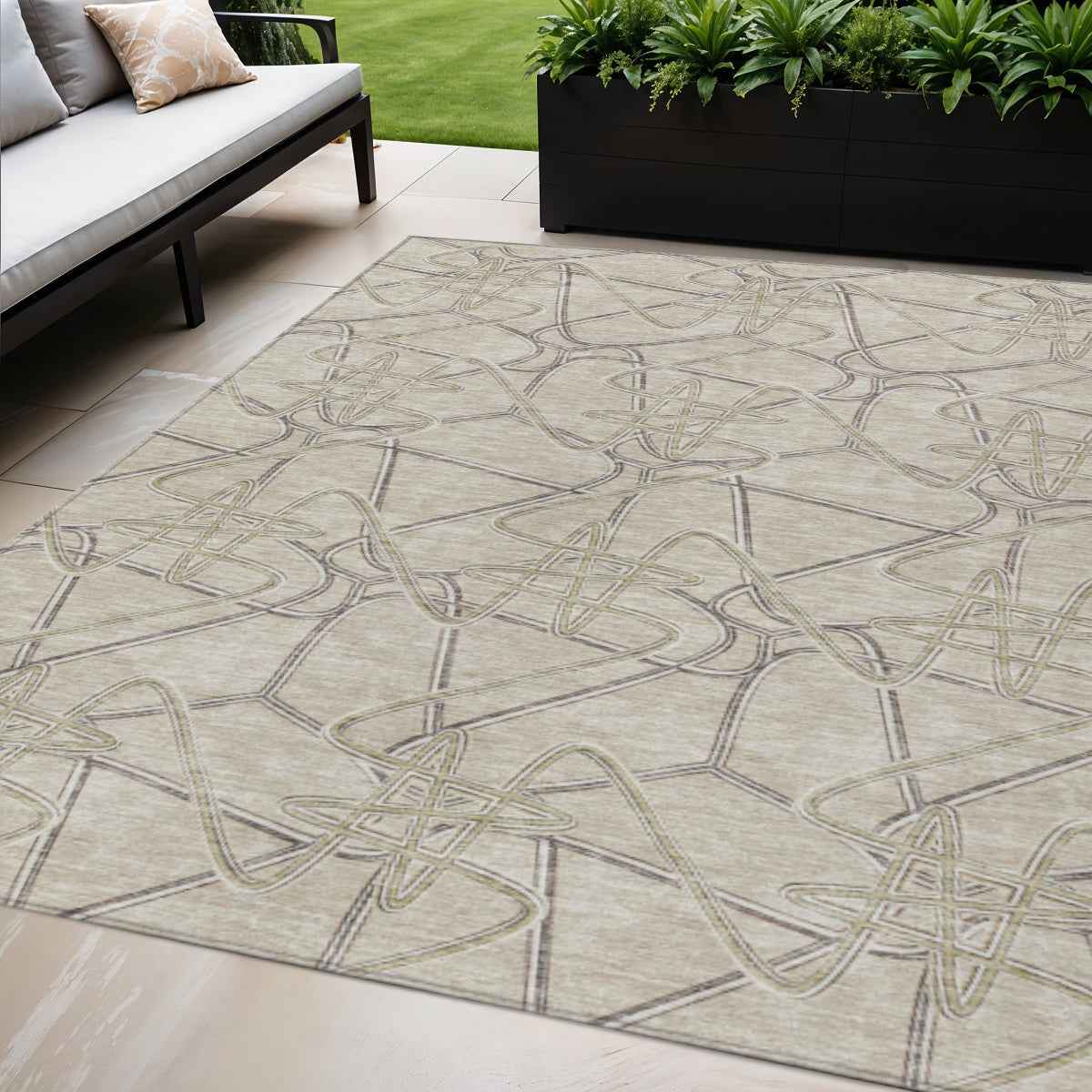 5' X 8' Beige Ivory And Gray Geometric Washable Indoor Outdoor Area Rug