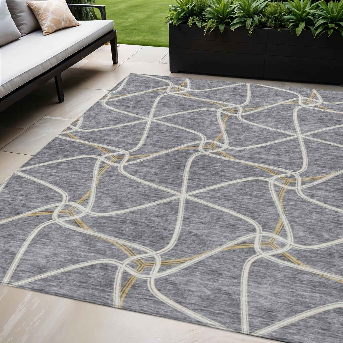 5' X 8' Gray And Ivory Geometric Washable Indoor Outdoor Area Rug