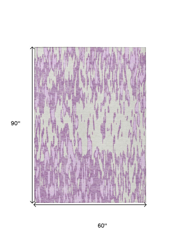 5' X 8' Lavender And Ivory Abstract Washable Indoor Outdoor Area Rug
