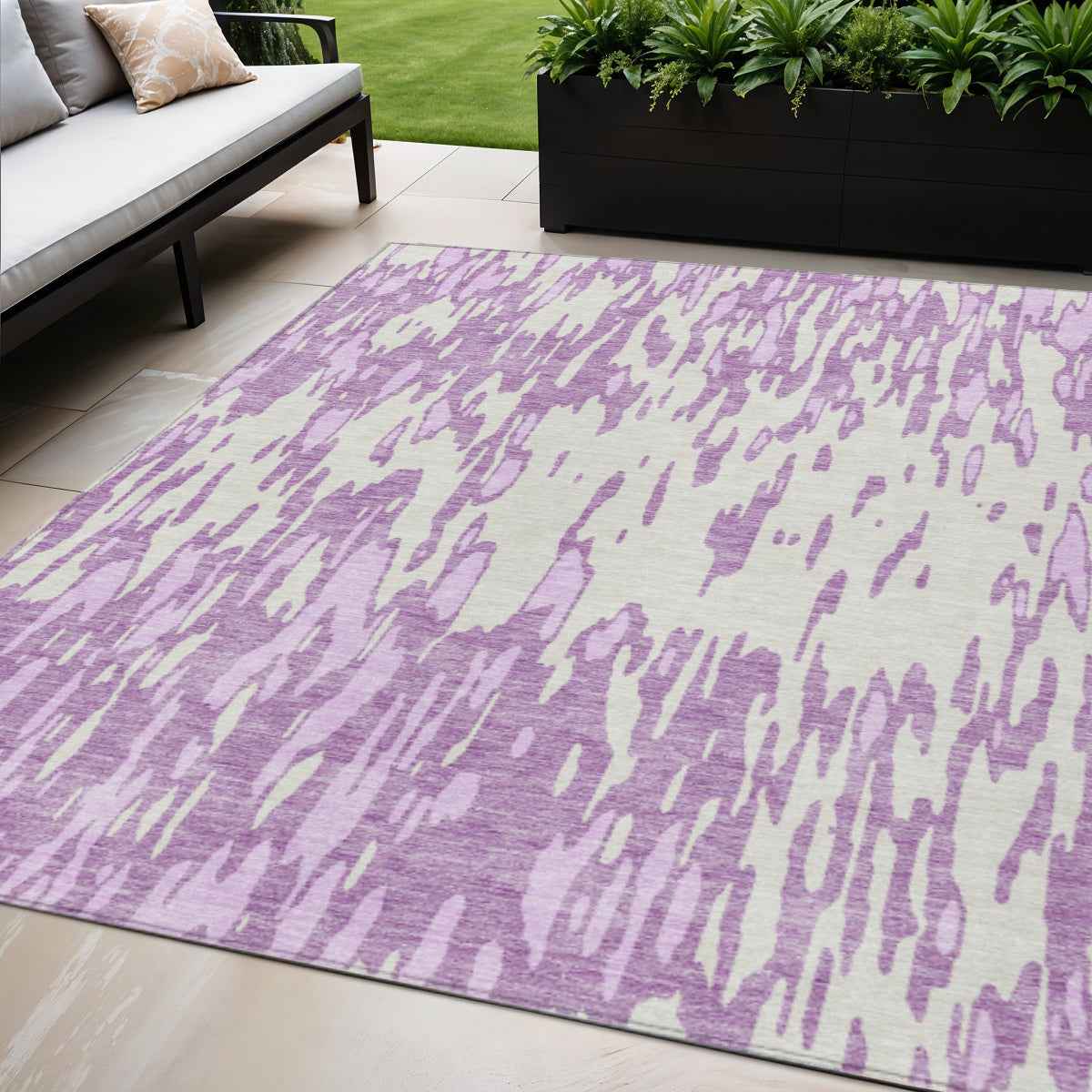5' X 8' Lavender And Ivory Abstract Washable Indoor Outdoor Area Rug