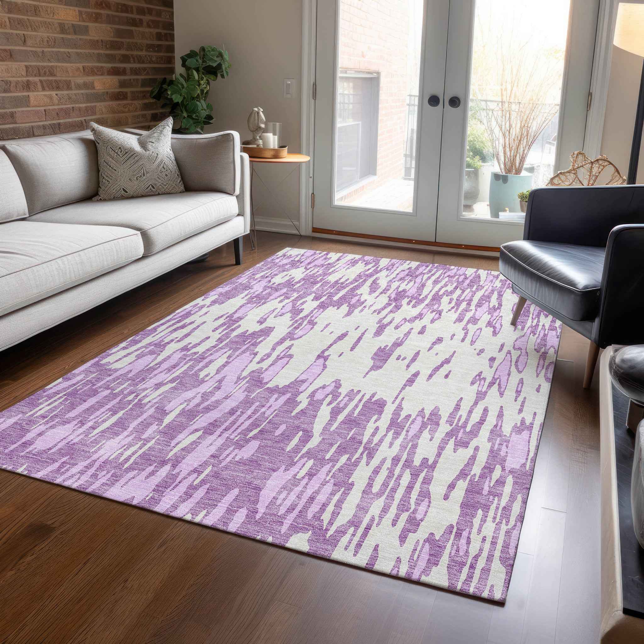 5' X 8' Lavender And Ivory Abstract Washable Indoor Outdoor Area Rug
