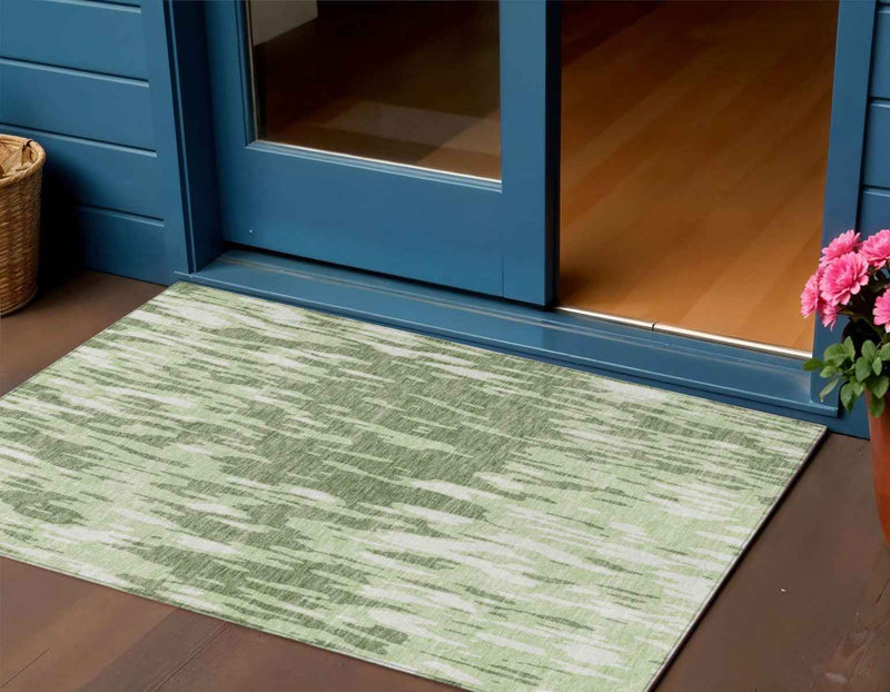 3' X 5' Green And Ivory Abstract Washable Indoor Outdoor Area Rug