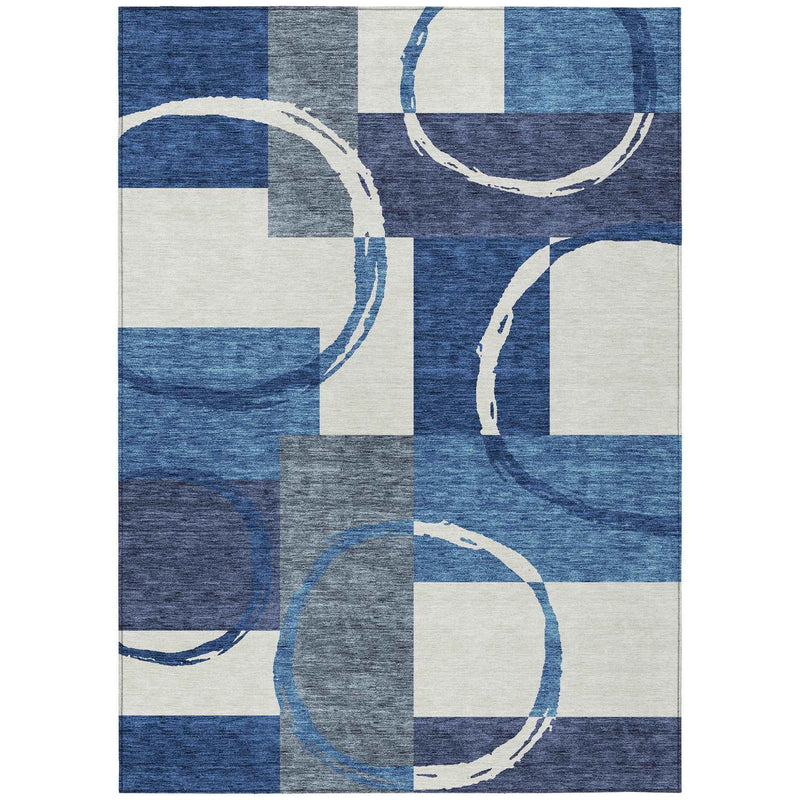 3' X 5' Blue And Ivory Geometric Washable Indoor Outdoor Area Rug