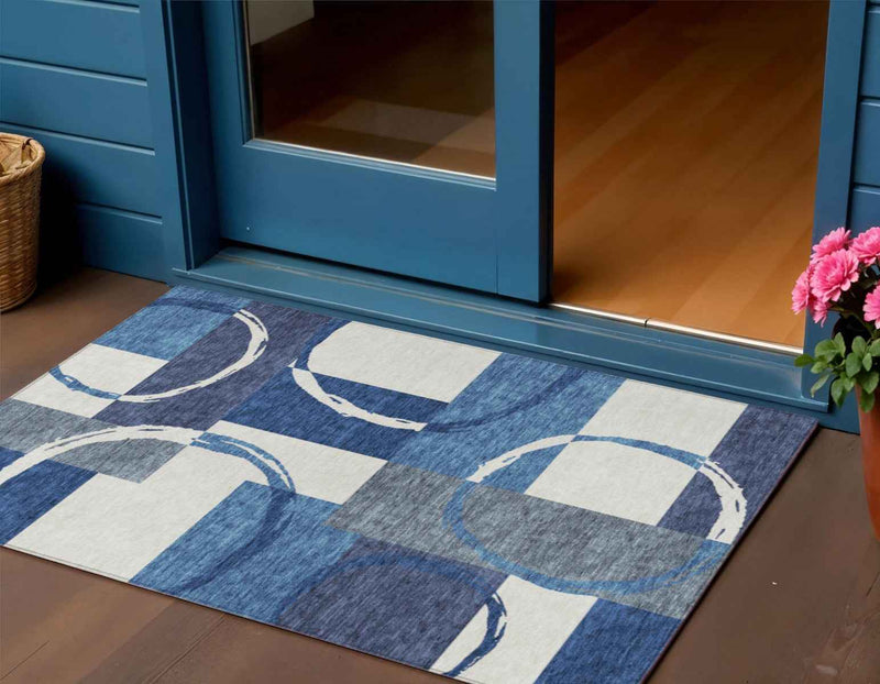 3' X 5' Blue And Ivory Geometric Washable Indoor Outdoor Area Rug