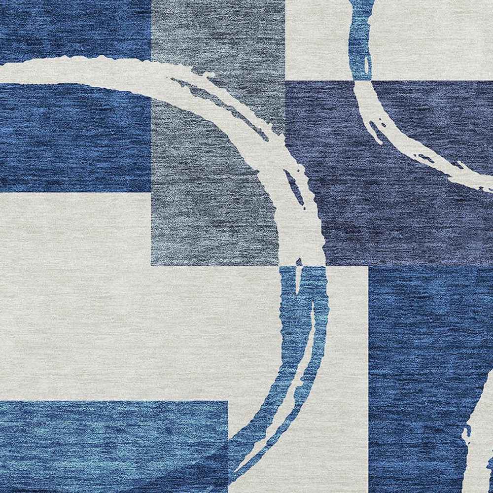 3' X 5' Blue And Ivory Geometric Washable Indoor Outdoor Area Rug