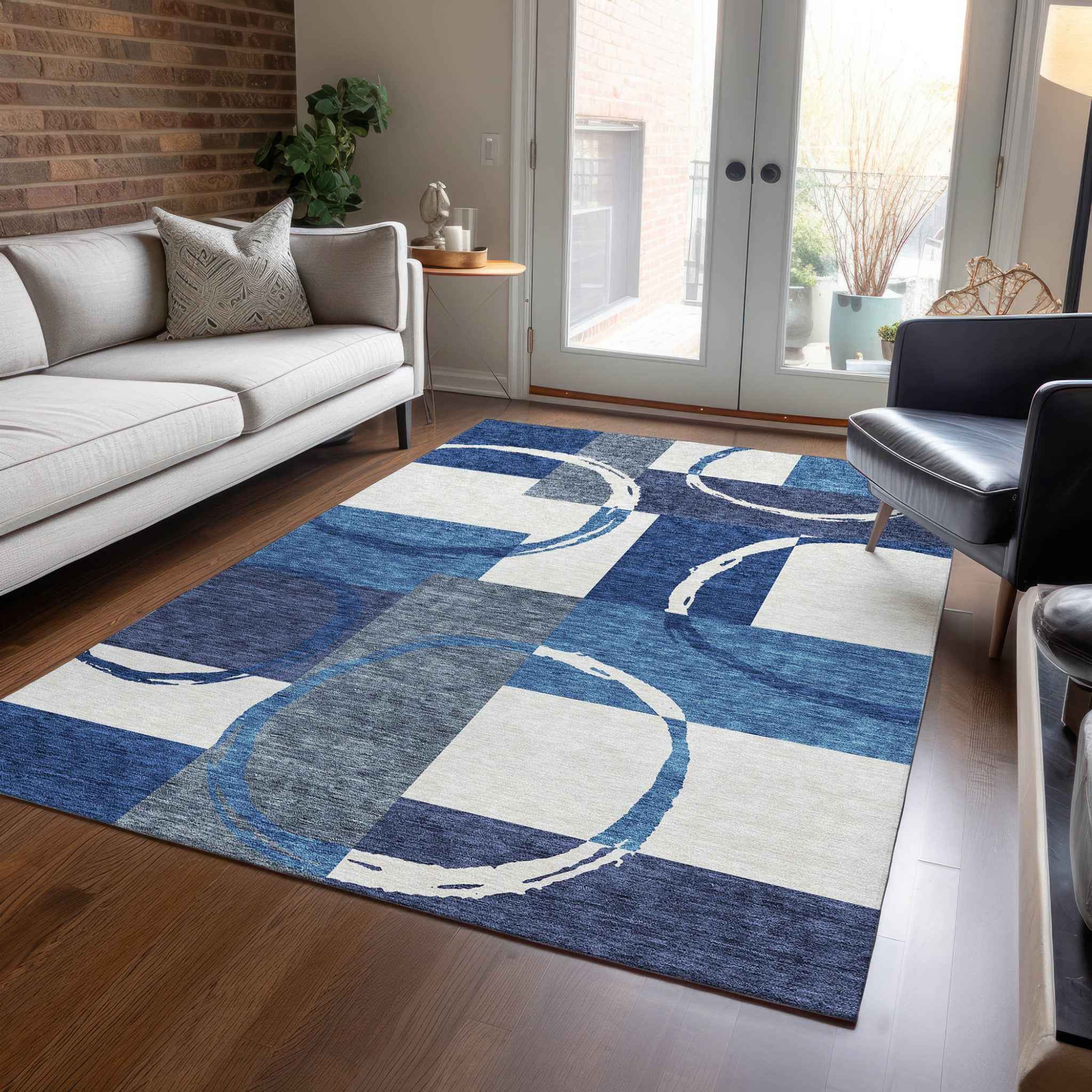 3' X 5' Blue And Ivory Geometric Washable Indoor Outdoor Area Rug