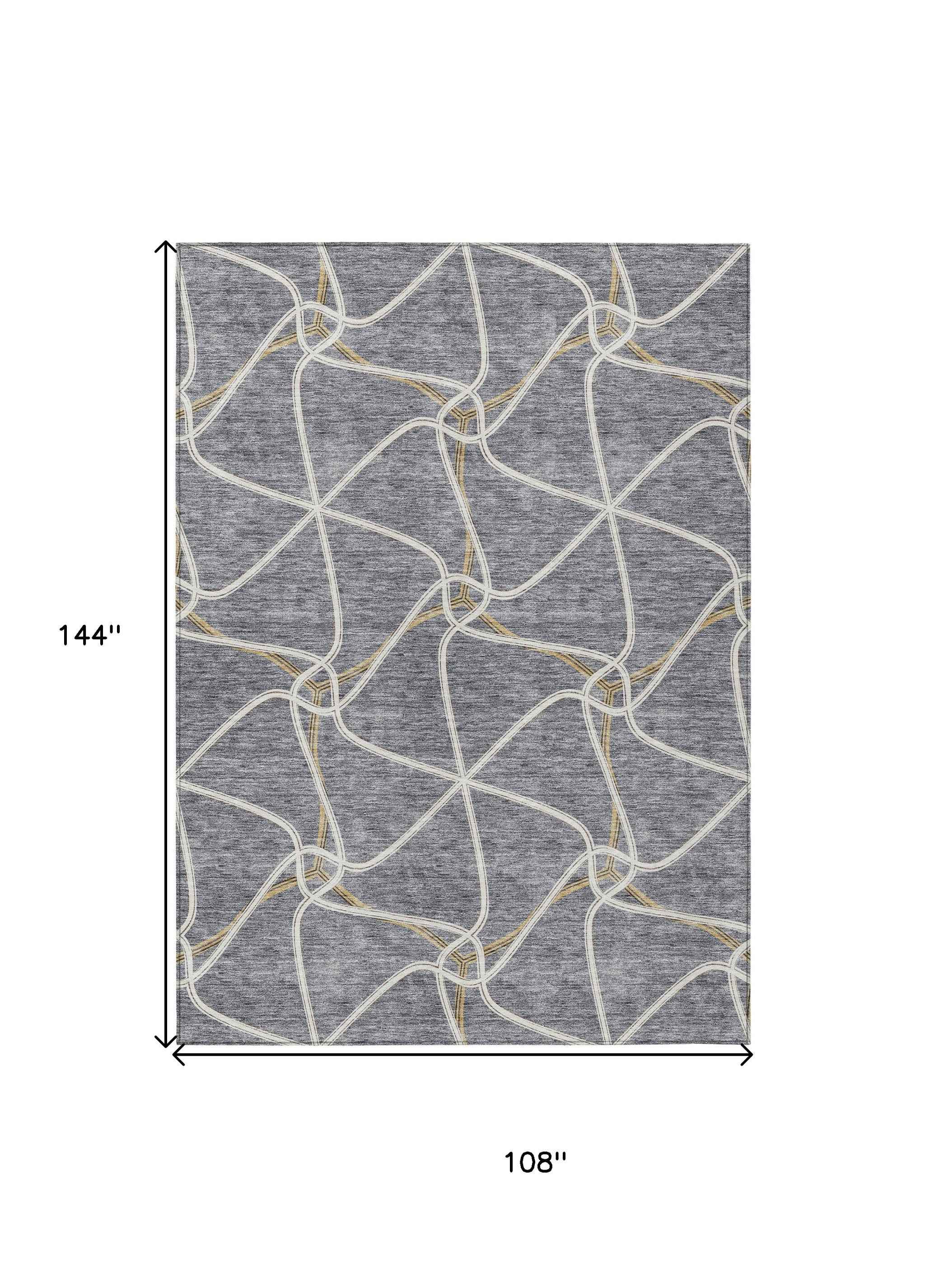 9' X 12' Gray And Ivory Geometric Washable Indoor Outdoor Area Rug