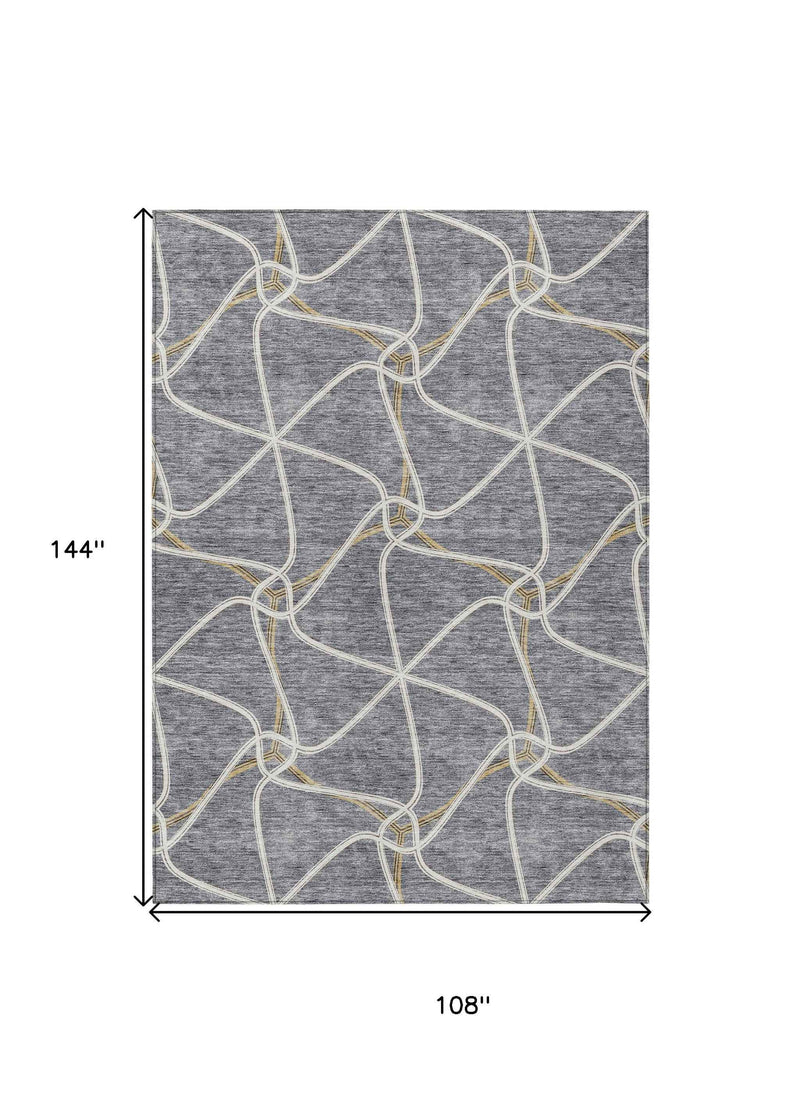 9' X 12' Gray And Ivory Geometric Washable Indoor Outdoor Area Rug