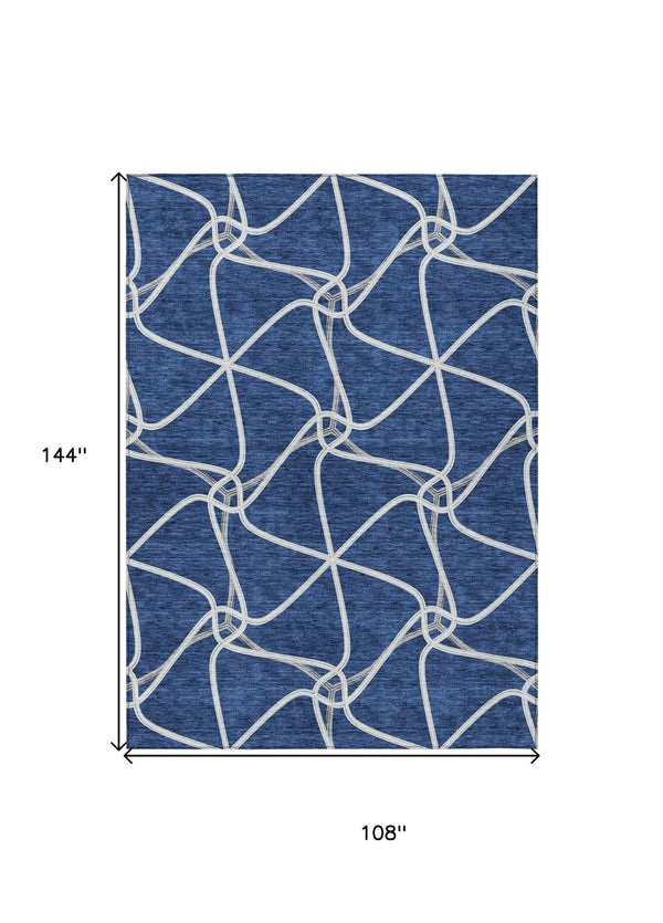 9' X 12' Blue And Ivory Geometric Washable Indoor Outdoor Area Rug