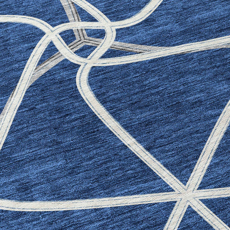 9' X 12' Blue And Ivory Geometric Washable Indoor Outdoor Area Rug