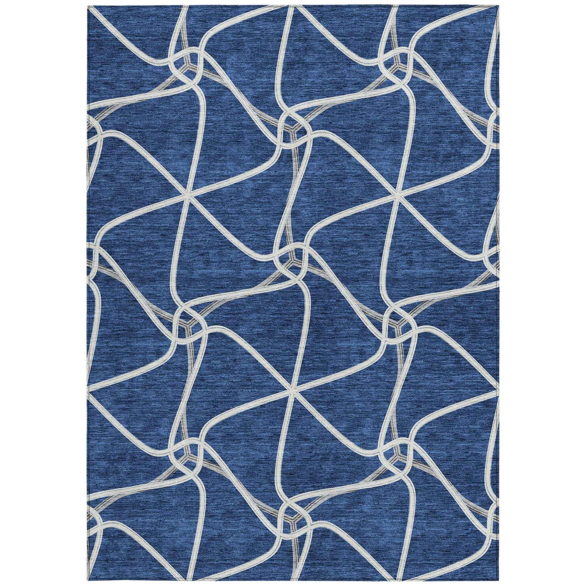 9' X 12' Blue And Ivory Geometric Washable Indoor Outdoor Area Rug