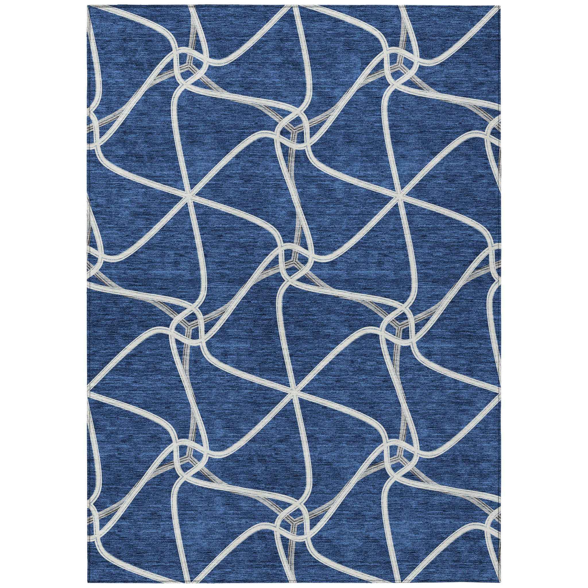 9' X 12' Blue And Ivory Geometric Washable Indoor Outdoor Area Rug