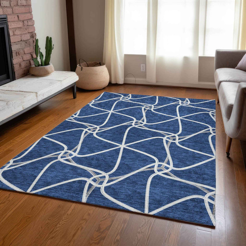 9' X 12' Blue And Ivory Geometric Washable Indoor Outdoor Area Rug