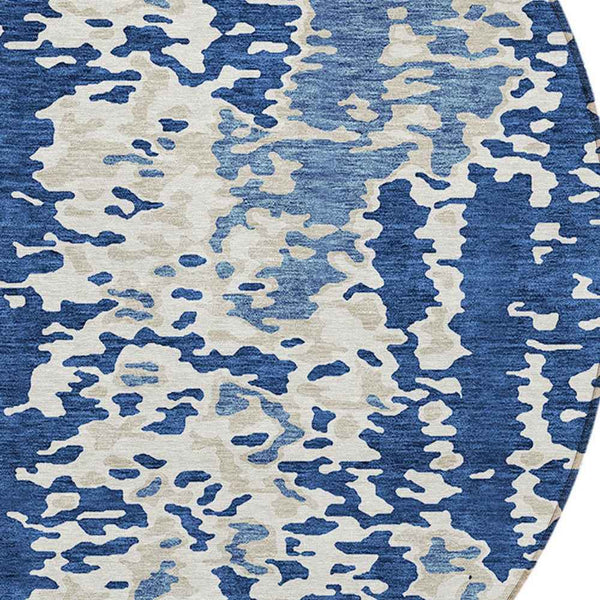 8' Navy Blue And Ivory Round Abstract Washable Indoor Outdoor Area Rug