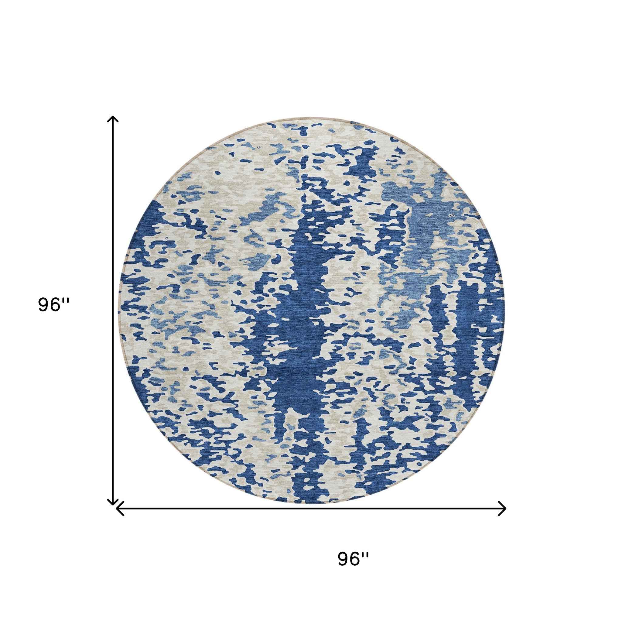 8' Navy Blue And Ivory Round Abstract Washable Indoor Outdoor Area Rug