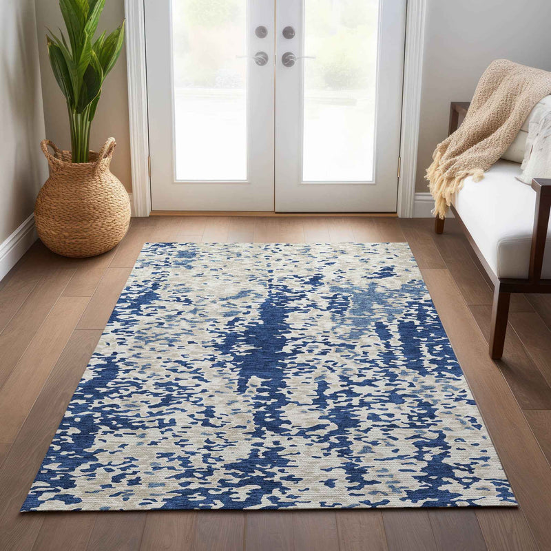 5' X 8' Navy Blue And Ivory Abstract Washable Indoor Outdoor Area Rug