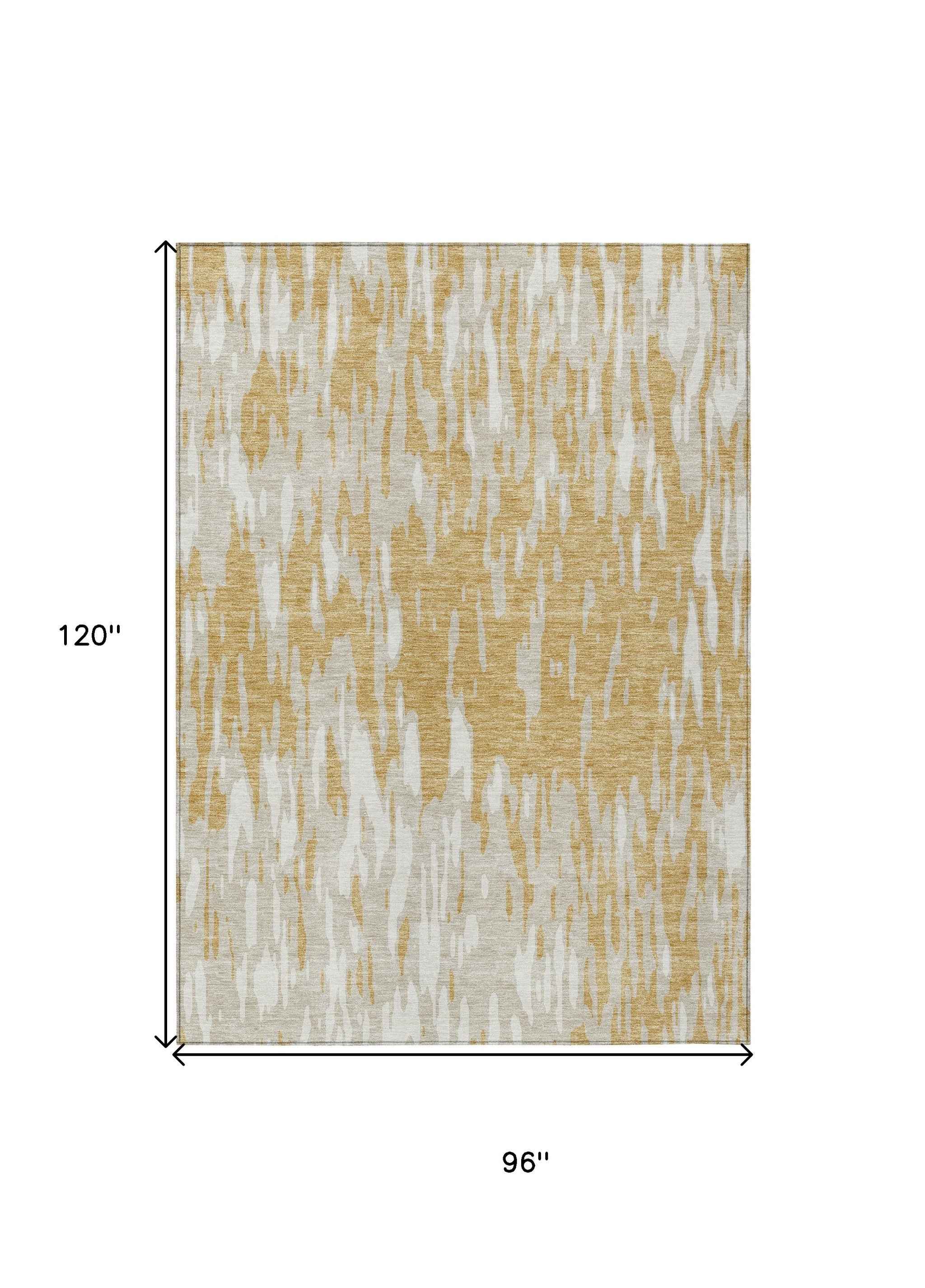 8' X 10' Gold And Ivory Abstract Washable Indoor Outdoor Area Rug