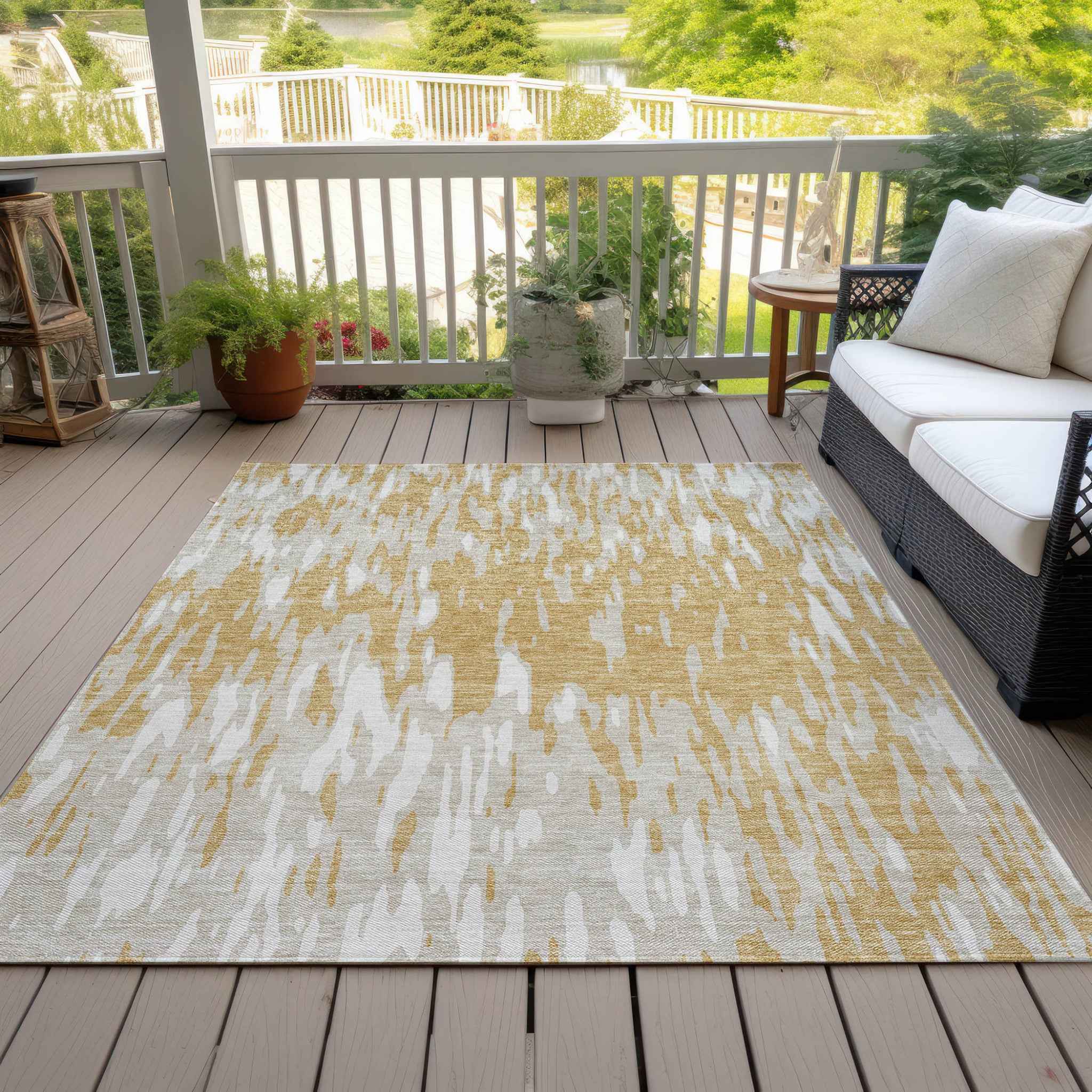 8' X 10' Gold And Ivory Abstract Washable Indoor Outdoor Area Rug
