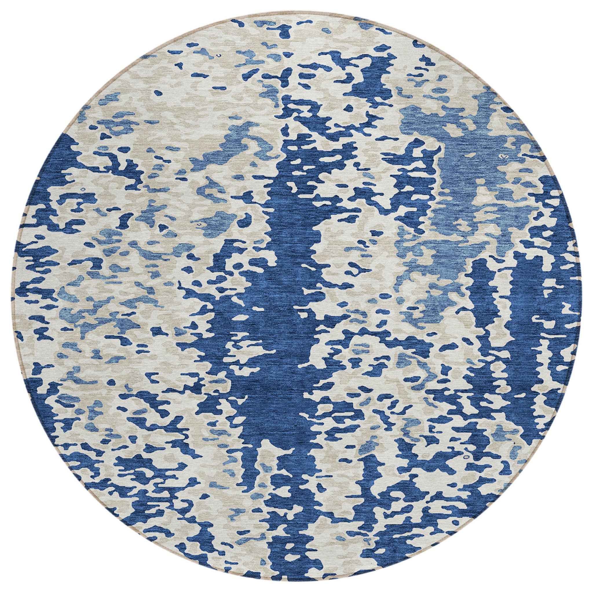 8' Navy Blue And Ivory Round Abstract Washable Indoor Outdoor Area Rug