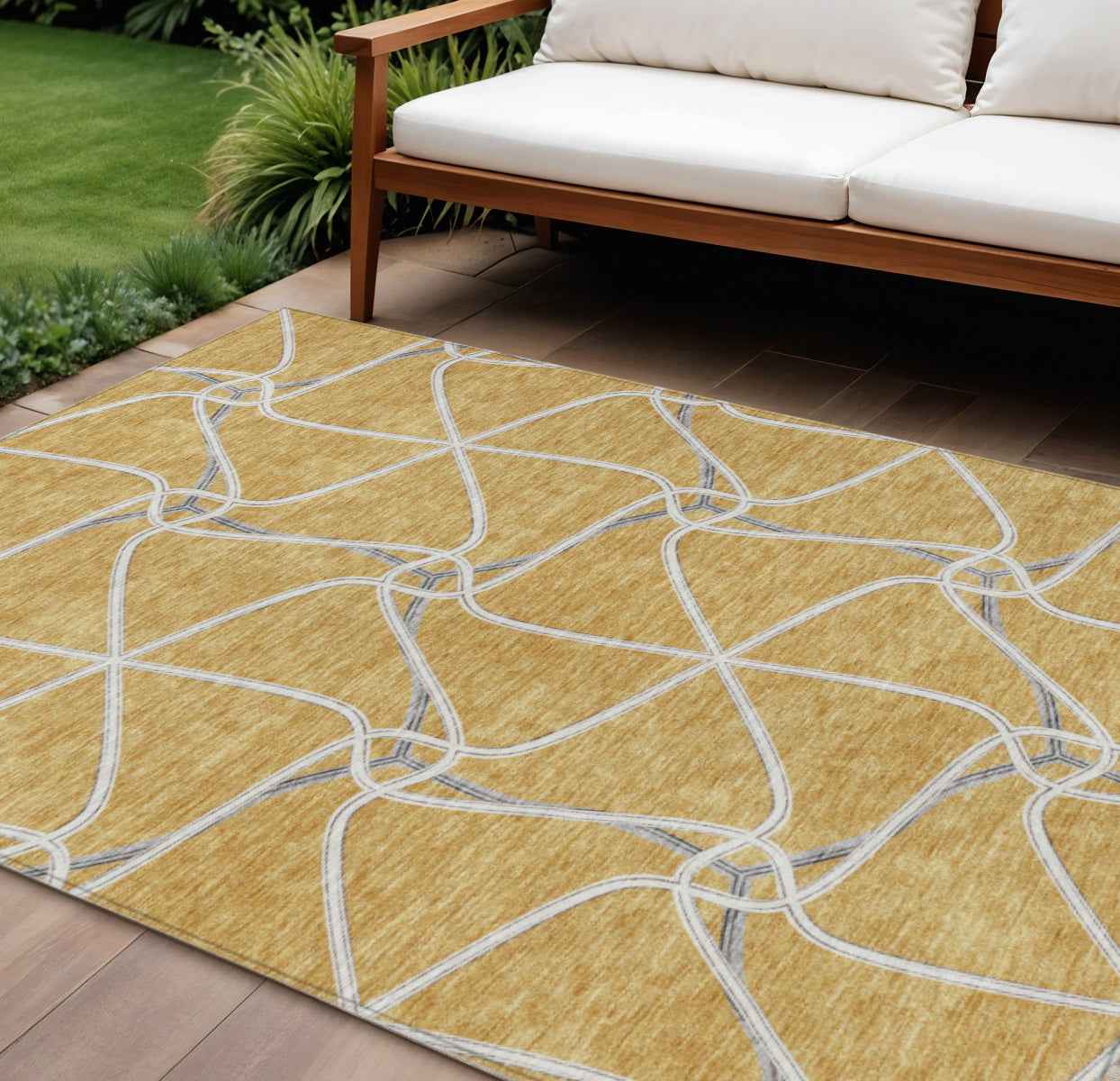 8' X 10' Gold And Ivory Geometric Washable Indoor Outdoor Area Rug