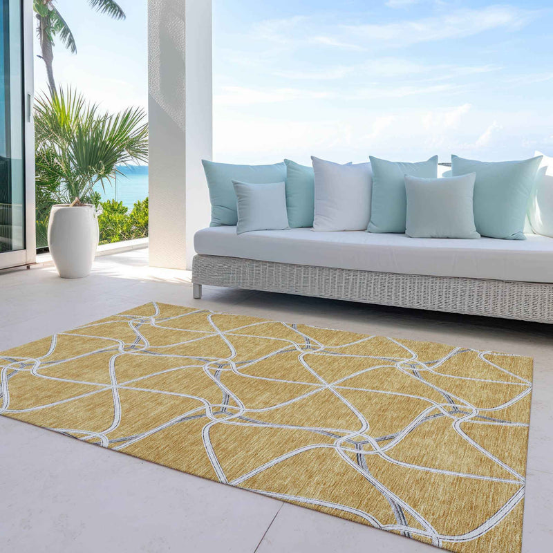 8' X 10' Gold And Ivory Geometric Washable Indoor Outdoor Area Rug